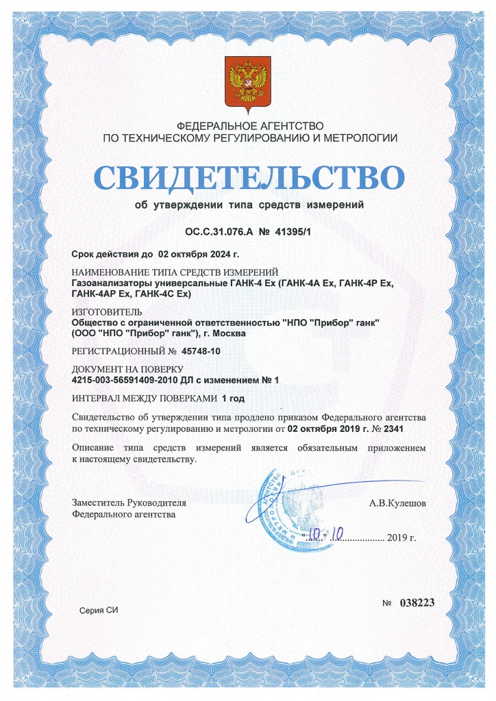 Свидетельство об утверждении типа средств измерений ГАНК-4 Ex