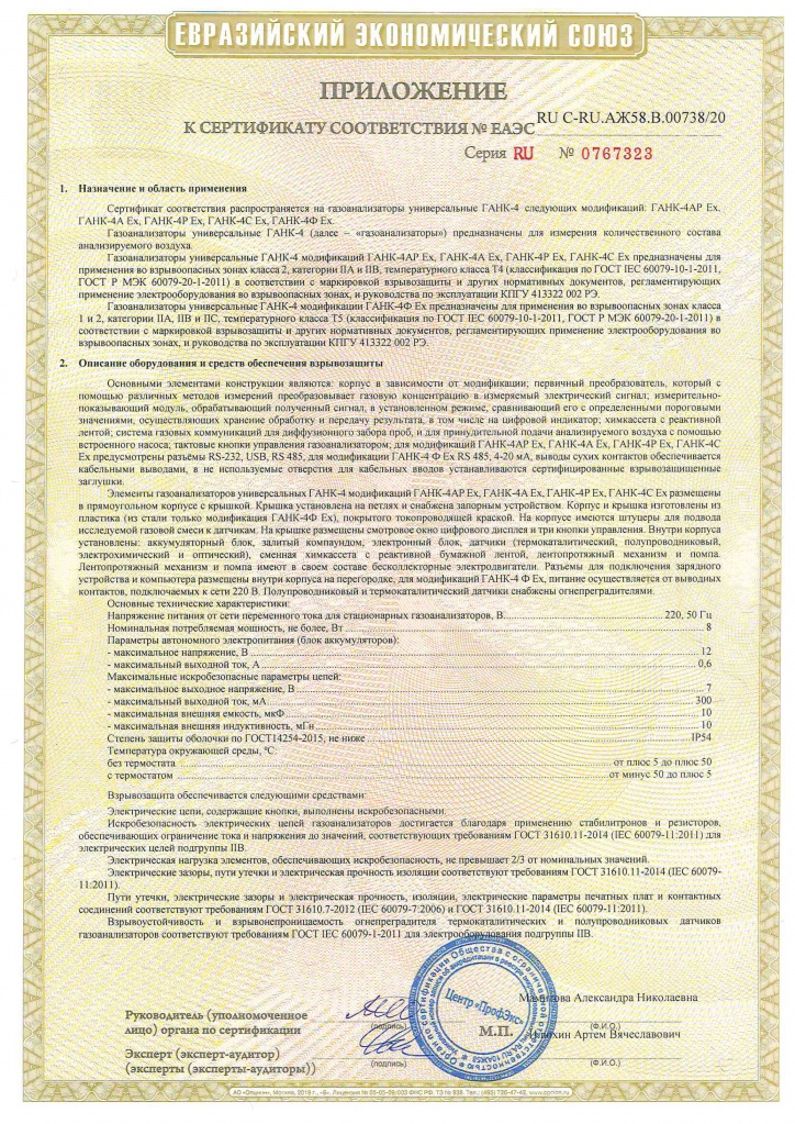 Сертификат соответствия (Таможенный союз) ГАНК-4 Ех - Приложение1